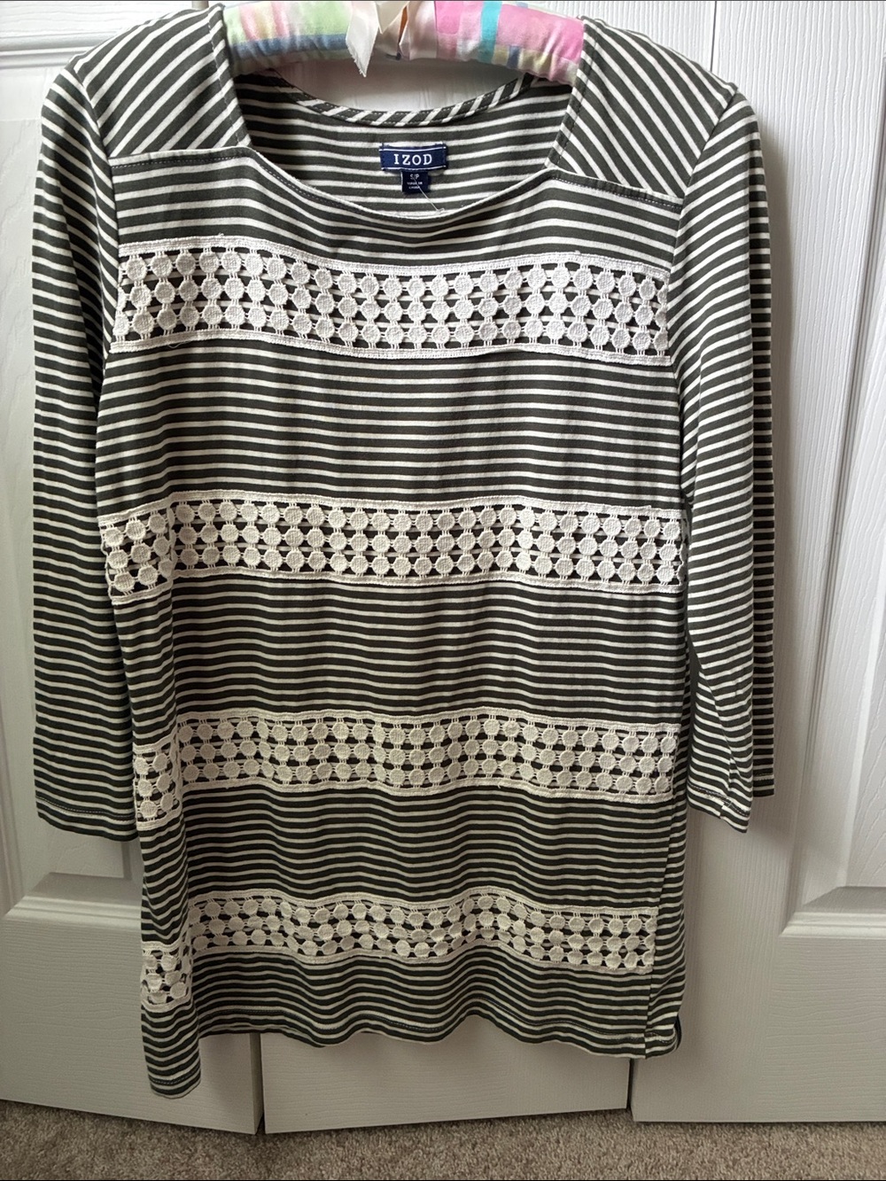 IZOD Olive and White Striped Crochet-Trim Long Sleeve Sbirt